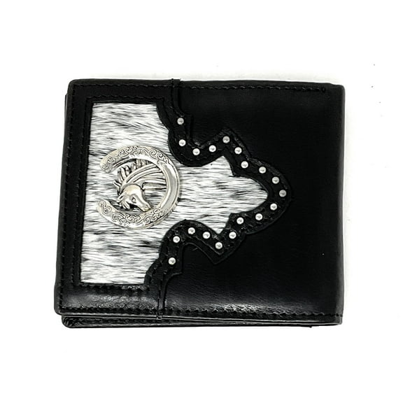Western Genuine Woven Leather Metal Horse Cowhide Mens Bifold Short Wallet