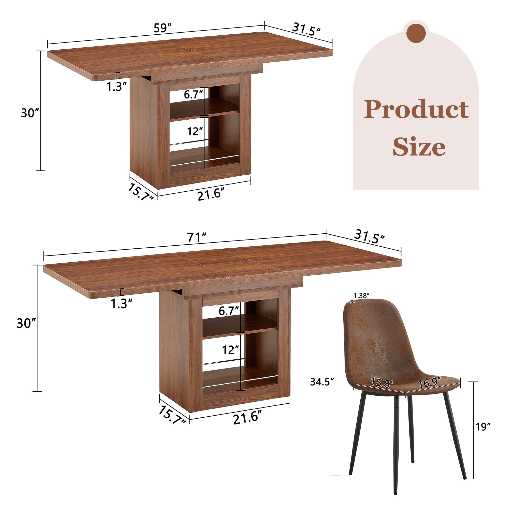Sailvan Expandable Dining Table Chair Set, 59-71 Inch Pull-Out MDF Table with Linen-Cotton Chairs