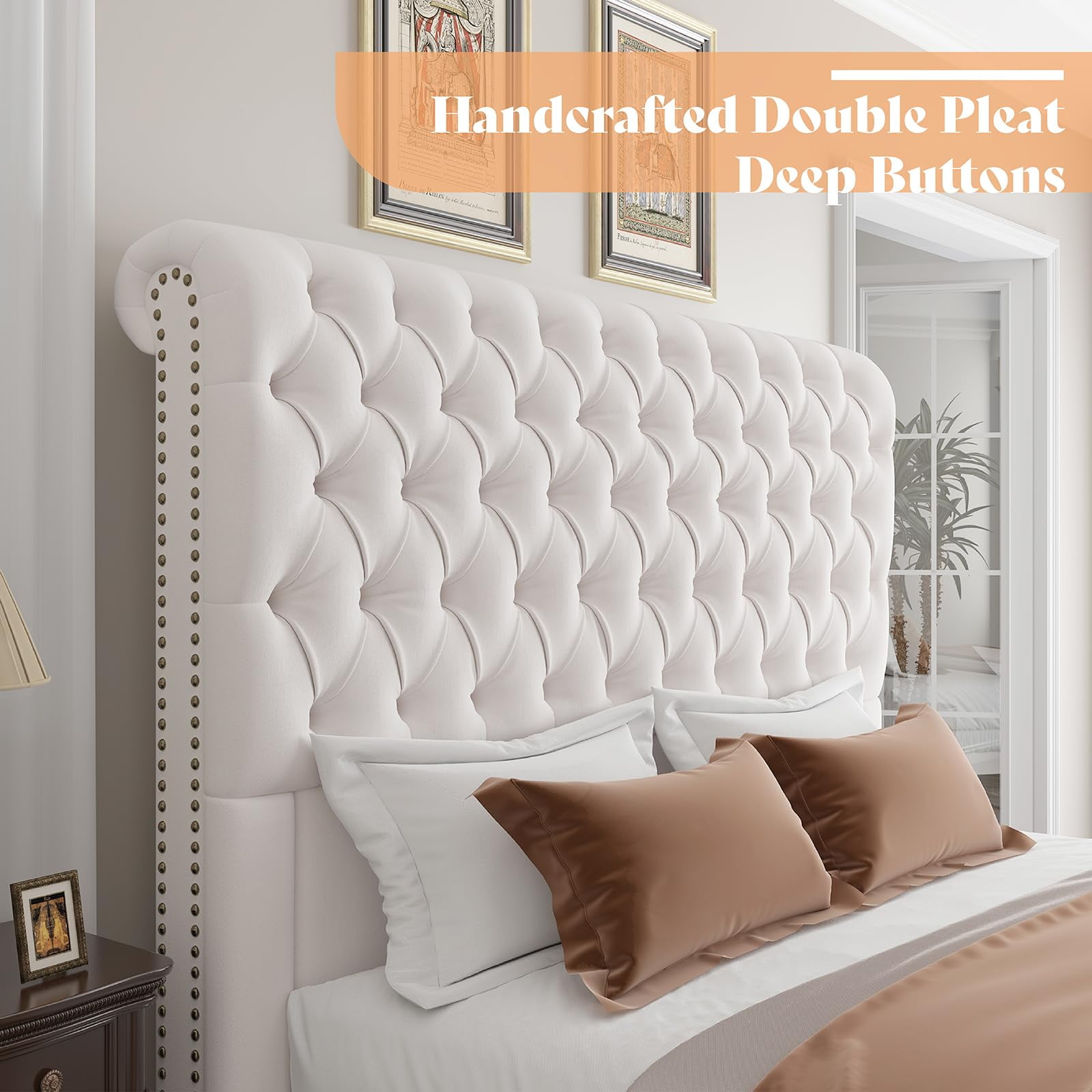 VanAcc Queen Size Bed Frame, 60" Tall Sleigh Headboard Bed with Velvet Upholstered Platform, Cream