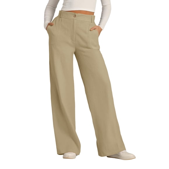 ManxiVoo Button Down Wide Leg Pants Women's Cotton Linen Casual Oversized Outer Pocket 2025 Trendy M Size Khaki