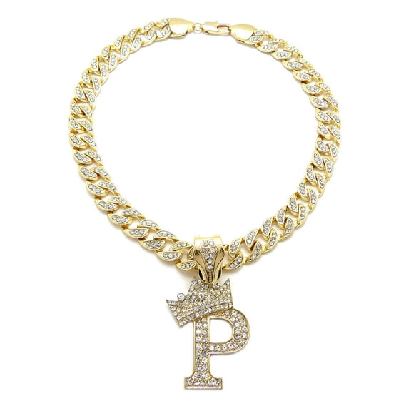 iJewelry2 Kings and Queens Crowned Initial Letter P Crystals Pendant Gold-tone Cuban Linked Chain Necklace
