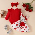 thumbnail image 2 of Weebloom Girls Valentines Outfit Sweet Cute Cartoon Bear Heart Baby Girl Solid Color Short Sleeved Top With Suspenders Skirt Headband Summer Dress Set For Valentine'S Day Red 9-12 Months, 2 of 8