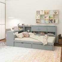 Full Size Daybed with Storage 3 Cabinets and 2 Drawers, Wooden L-Shape Daybed Frame with Study Desk and Built-in Bookshelf, Multi-functional Bed for Bedroom Guest Room,Gray