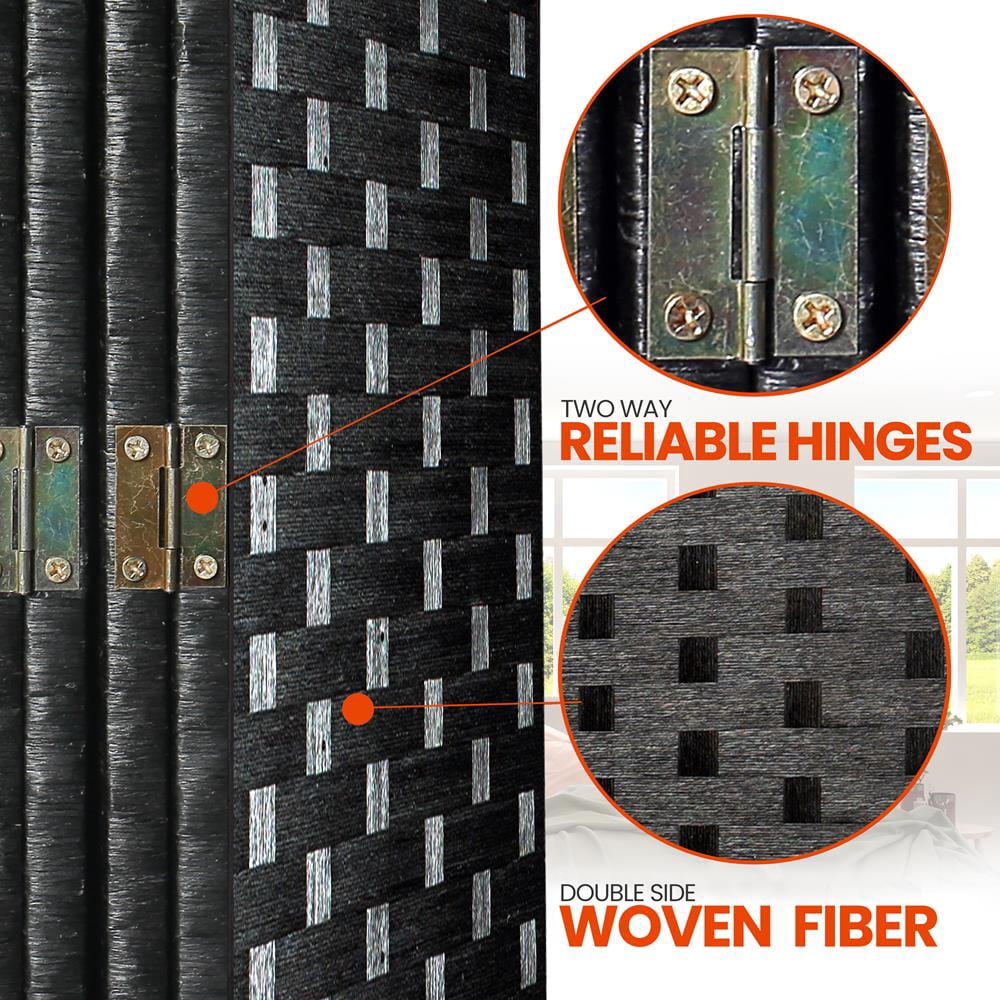 SereneLife 4-Panel Portable Lightweight Freestanding Indoor Foldable Woven Fiber Room Divider, Black