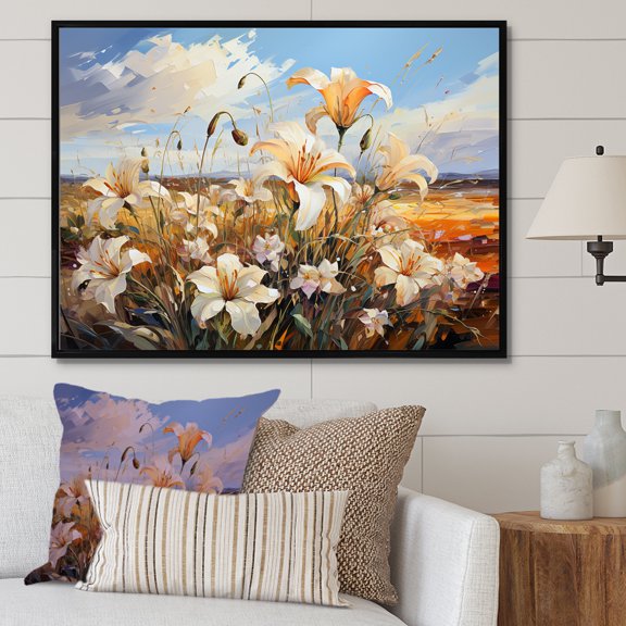 Designart "Scenic Lilies Field In Mountain Setting II" Flowers Floater Framed Wall Art Living Room