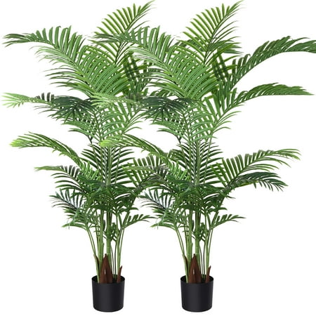 DR.Planzen Artificial Areca Palm Plant 2 Pack 5 Feet Fake Palm Tree with 17 Trunks Faux Tree for Indoor Outdoor Modern Decoration Feaux Dypsis Lutescens Plants in Pot for Home Office Housewarming Gift
