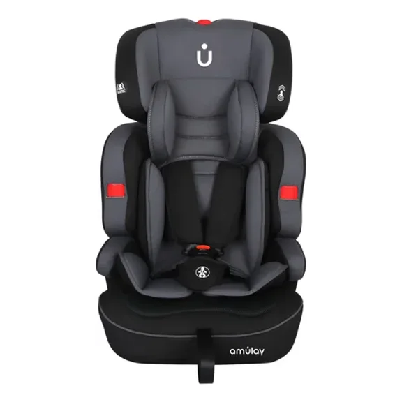 Amulay | Autoasiento para Bebe de 9 a 36 kg | Booster Car Seat con Arnés de 5 puntos, Respaldo Reclinable, Cojín elevador y Reposa cabezas ajustable | Color Gris y Negro