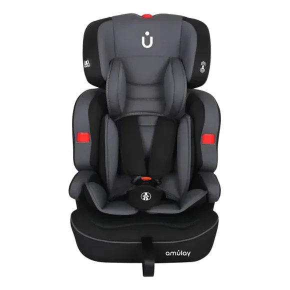 Amulay | Autoasiento para Bebe de 9 a 36 kg | Booster Car Seat con Arnés de 5 puntos, Respaldo Reclinable, Cojín elevador y Reposa cabezas ajustable | Color Gris y Negro