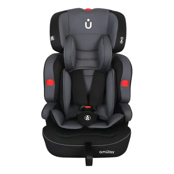Amulay | Autoasiento para Bebe de 9 a 36 kg | Booster Car Seat con Arnés de 5 puntos, Respaldo Reclinable, Cojín elevador y Reposa cabezas ajustable | Color Gris y Negro