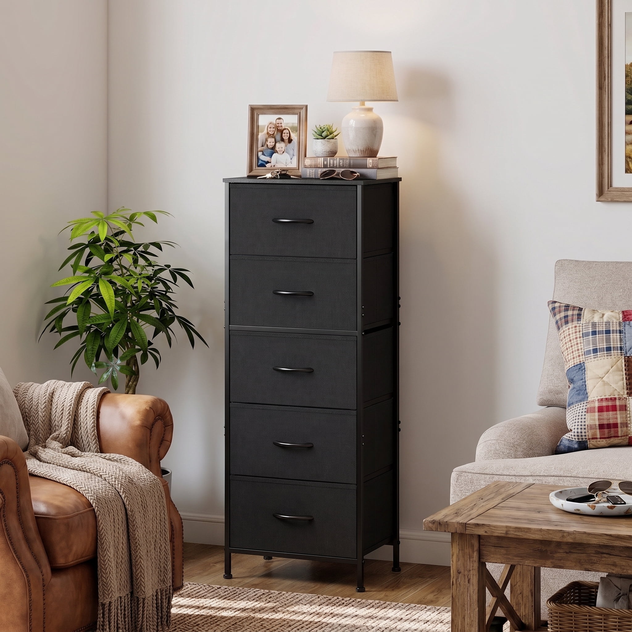 TrumanPick Fabric Storage Drawer Bedroom Dresser, Tall Dresser for Closet, 5 Fabric Dresser with 5 Storage Drawers for Clothes, Living Room, Hallway, Entryway, Black