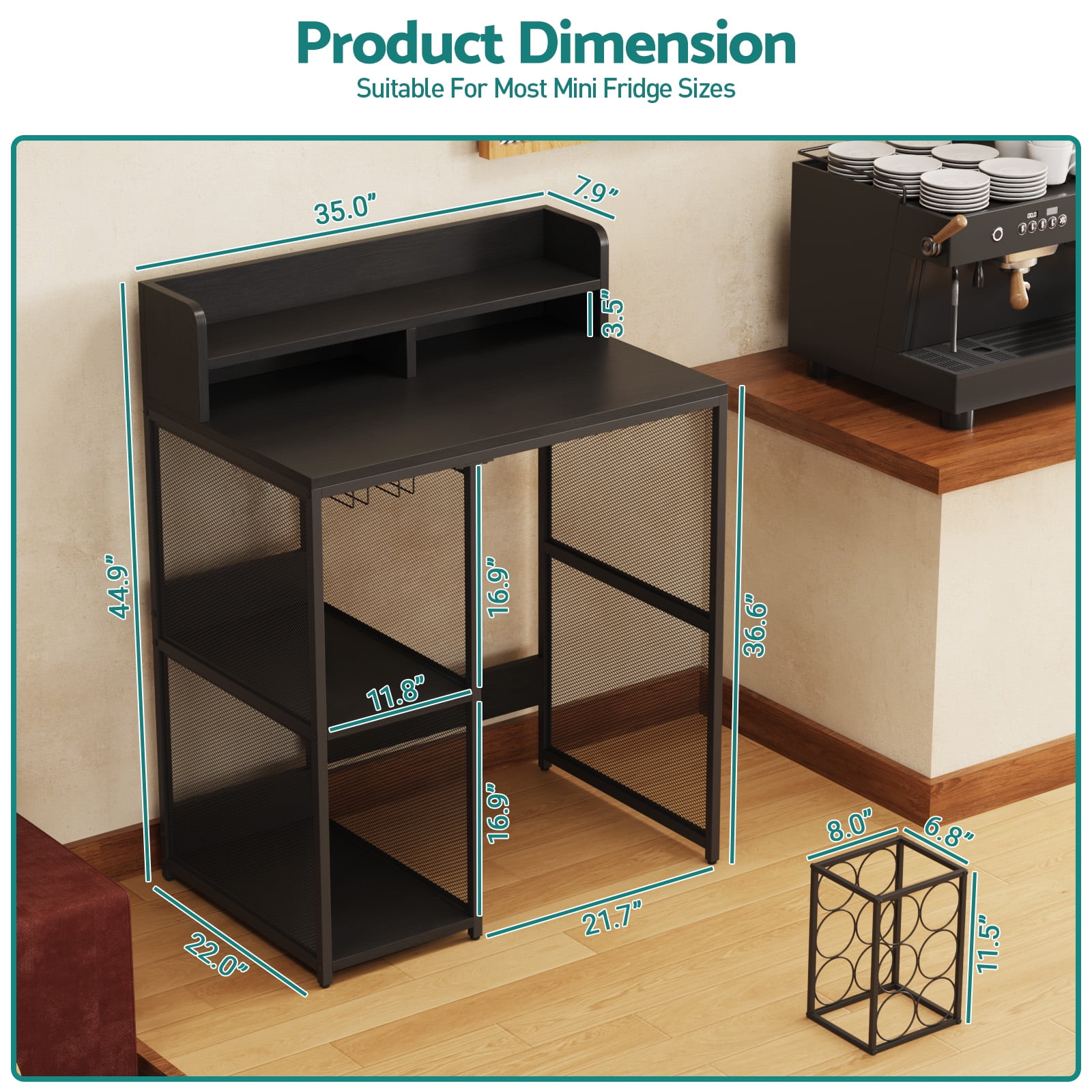Advwin 4-Tier Mini Fridge Stand, Adjustable Kitchen Bakers Rack, Industrial Style Freestanding Utility Storage Shelf for Living Room, Dorm, Office, Bar, Gray