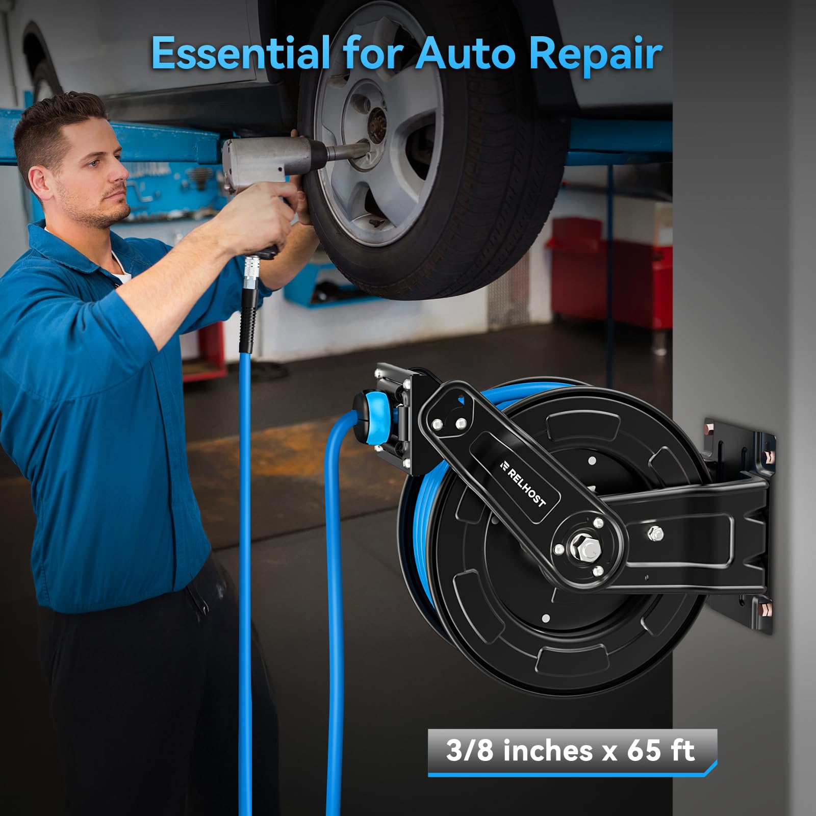 Relhost Retractable Air Hose Reel, 65 ft x 3/8 in Hybrid Air Hose Max 300PSI, Heavy Duty Air Compressor Hose Reel with Dual Arms, Auto Rewind, Ceiling/Wall Mount for Garage, Workshop, Home Studio