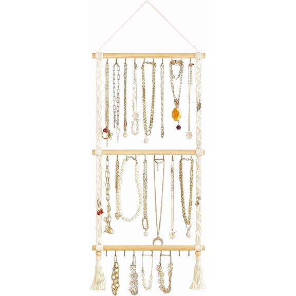 Hanging Jewelry Organizer Macrame Necklace Holder with 30 Hooks Wall Mounted Jewelry Hanger Over Door Necklace Rack with Tassel for Necklace Bracelet Earring Headband Bow Organizer