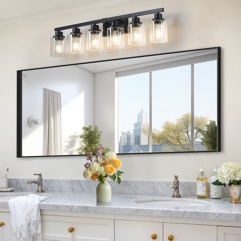 37" Modern 6-Light Bathroom Vanity Light Fixture - Black Finish with Clear Glass Shades, Perfect for Bathroom, Vanity, and Dressing Area Lighting (No Bulbs)