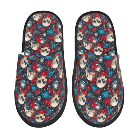 

Fuzoiu Skull red flower blue Print Unisex Furry Slippers Plush Indoor Shoes Trendy House Slippers Anti-Skid EVA Sole House Shoes for Home Office and Travel -Large