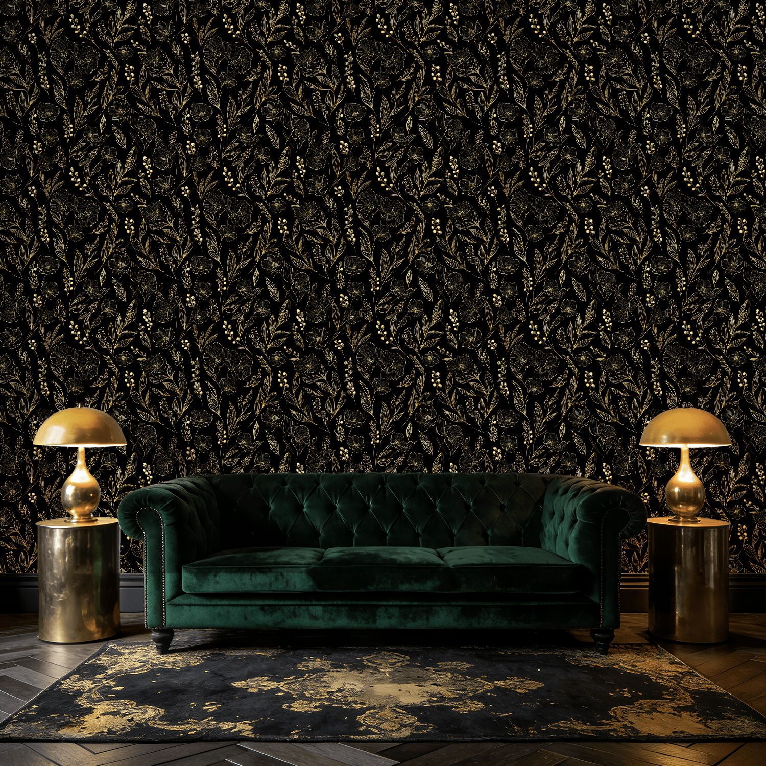 Peel and Stick Wallpaper Baroque Elegant Floral Gold Black Botanical Elements Wall Mural 23.6in x 9.8ft Self Adhesive Removable Wall Paper Renter Friendly Wallpaper for Nursery Bedroom Cabinets