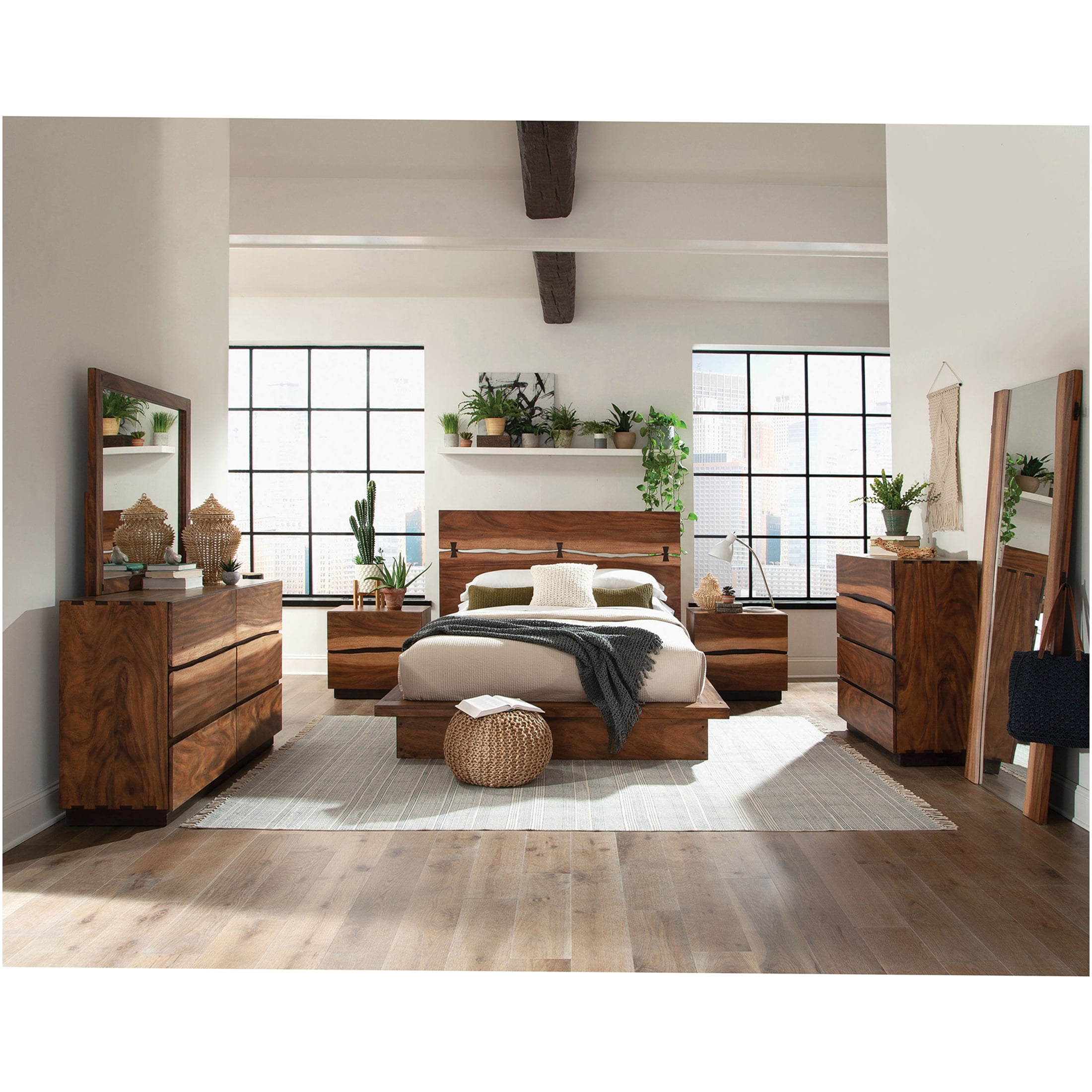 JERFIT Queen Size Platform Bed Frame, Smokey Walnut Wood Bedroom Furniture with Upholstered Headboard and Strong Slat Support