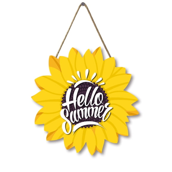 Sunflower Hello Summer Wood Door Hanger 12 Inch Large Wooden Flower Sign Inspirational Wall Porch Art Summer Fall Front Door Wreath Hanging for Bedroom Living Room Indoor Outdoor Kitchen Home Decor