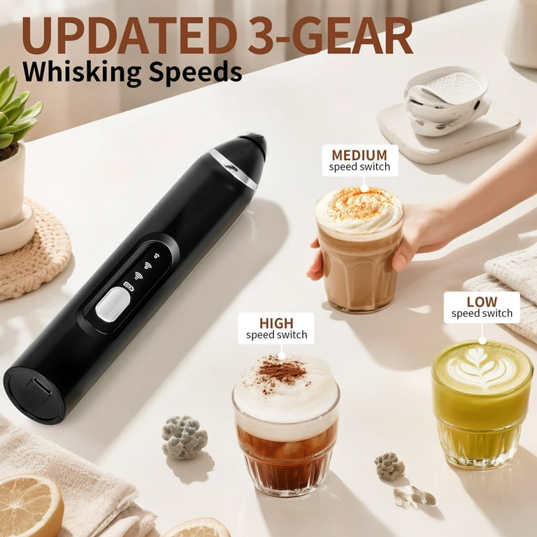 Rechargeable Milk Frother Wand - 5 Heads, 2 Speeds For Coffee, Latte, Hot Chocolate & Eggs