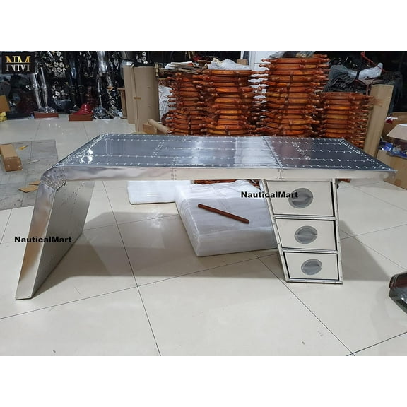 Nautical-Mart Aviator Wing Desk Aluminium Table Home Office Furniture (68 Inches, Three Drawer), Silver