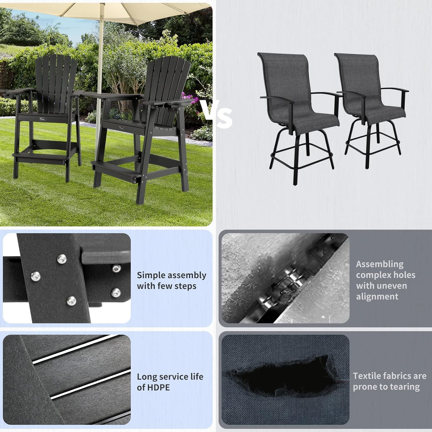 FUNBERRY Tall Adirondack Chairs Set of 2 with Removable Connecting Table, All Weather High Top Balcony Chair with Cup Holders