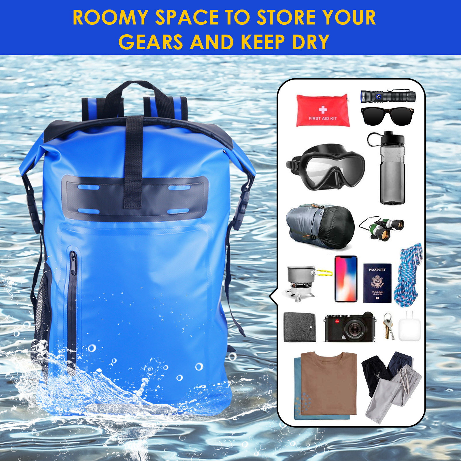 Wholefire 30L Dry Bag Waterproof Floating Backpack Heavy Duty Roll Top Dry Backpack In Blue for Kayaking, Camping, Hiking, Surfing