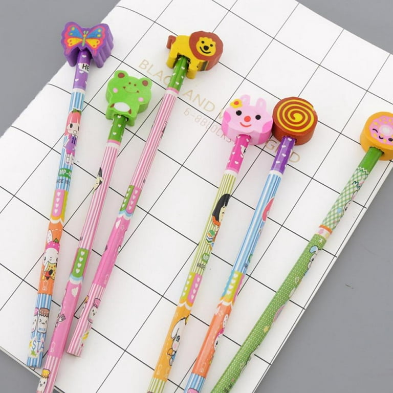 12 Wooden Lead Pencils Pack Cartoon With Eraser Colorful Novelty