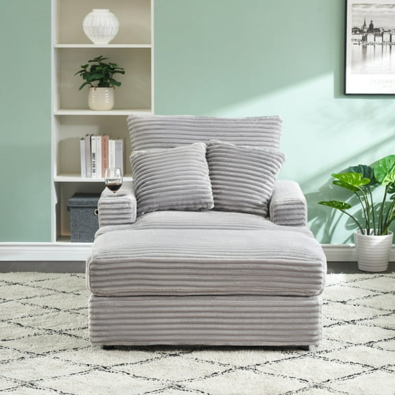 Upholstered Armchair with  Ottoman , Sleeper Chair ,Corduroy Chaise Longue Chair , Comfy Deep Seat Oversized Chaise Lounge Indoor with cup holder