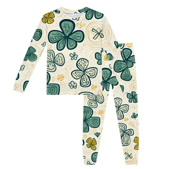 Boys Girls St Patricks Day Pajama Sets Lucky Irish Graphic Long Sleeve Sleepwear Shamrocks Print Long Sleeve Pj Set Kids Loungewear #Light Yellow 4-5 Years