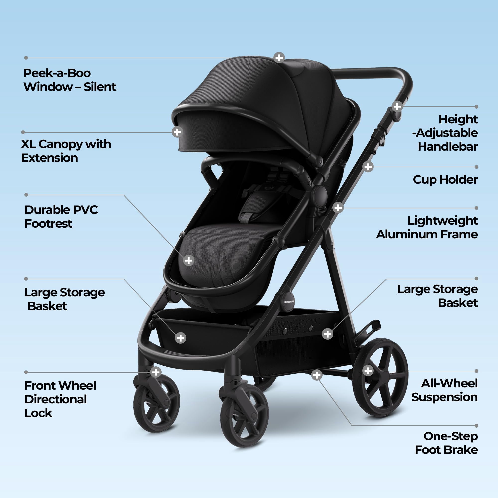 Mompush Meteor2, 2-in-1 Baby Stroller with Bassinet Mode, Adjustable Handle and Footrest, Black, 23.2LB, Unisex