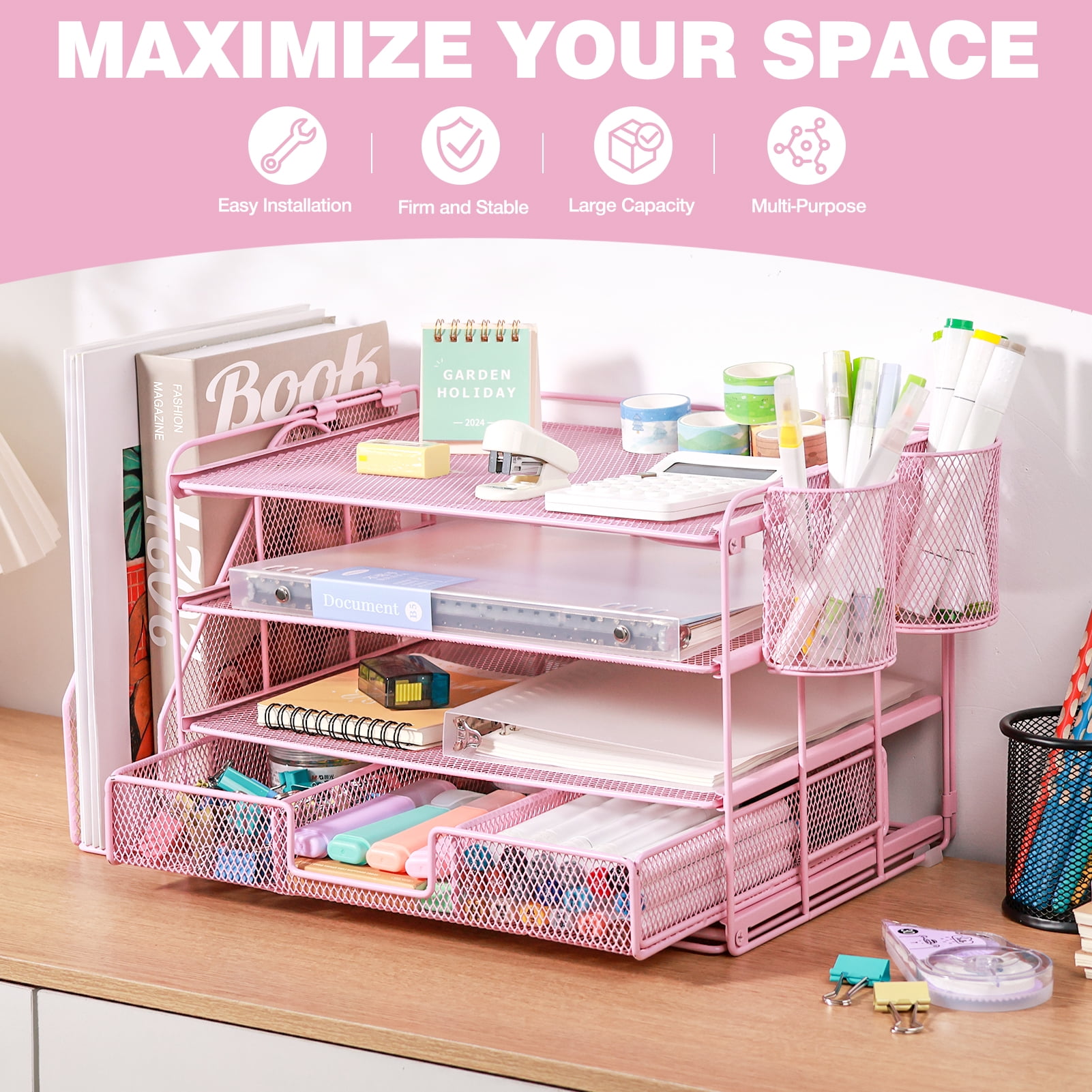 Livhil Desktop Organizer 4-Tier Desk Organizers Sets and Storage, File Organizers for Desk Drawer Organizer, Paper Organizer for Desk (Pink)