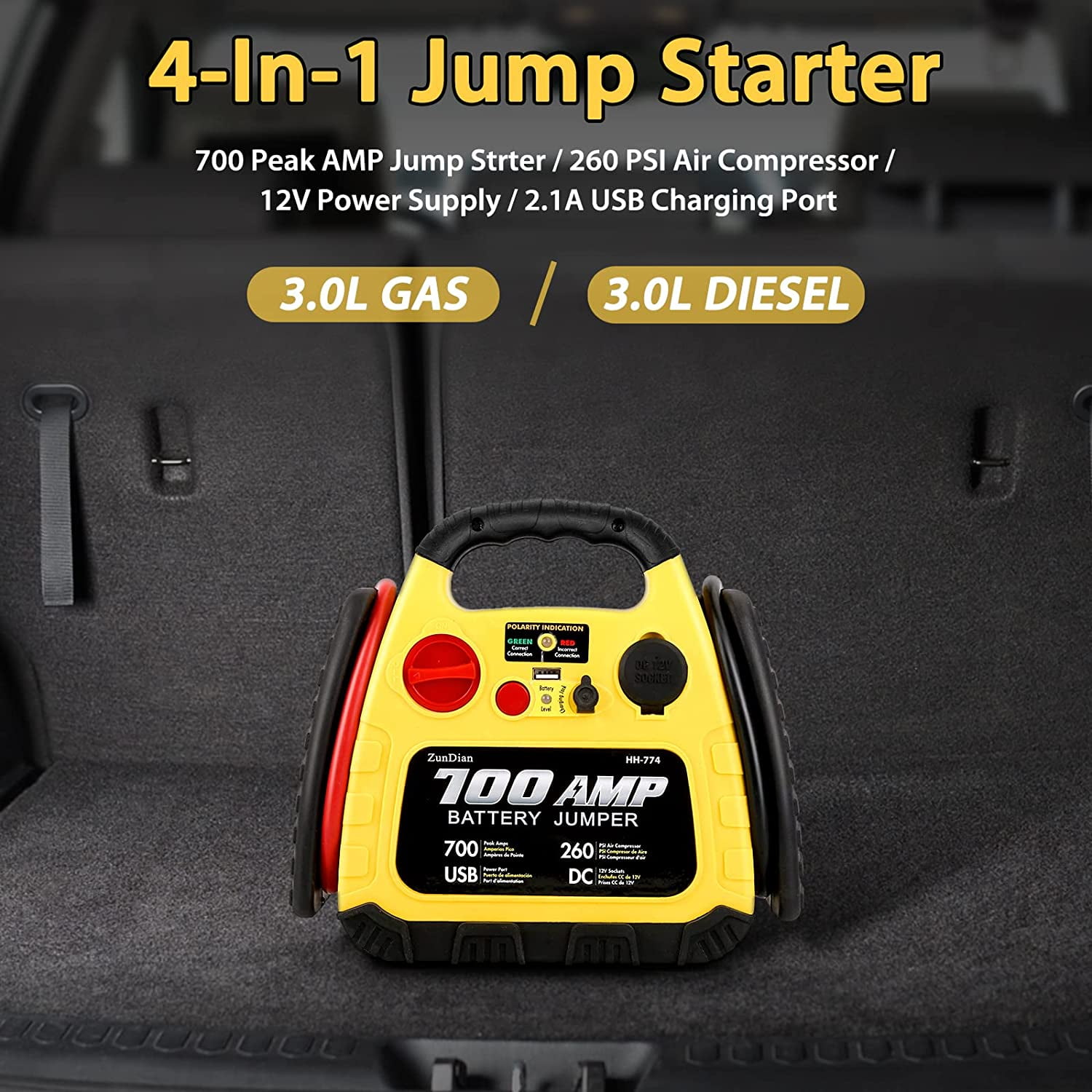 ZunDian 1500A Car Jump Starter with Digital Tire Inflator and USB Ports