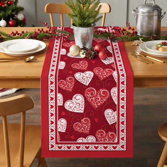 Table Runner 70 Inches Long - Retro Valentine's Day Textured Love Heart Decorative Table Scarf, Romantic Red Dining Table Runners for Wedding Party Kitchen Dining Tables