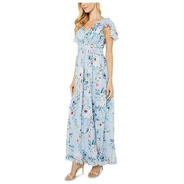 ADRIANNA PAPELL Womens Light Blue Ruched Zippered Slitted Pleated Sheer Lined Floral Flutter Sleeve Asymmetrical Neckline Full-Length Party Gown Dress main image 1