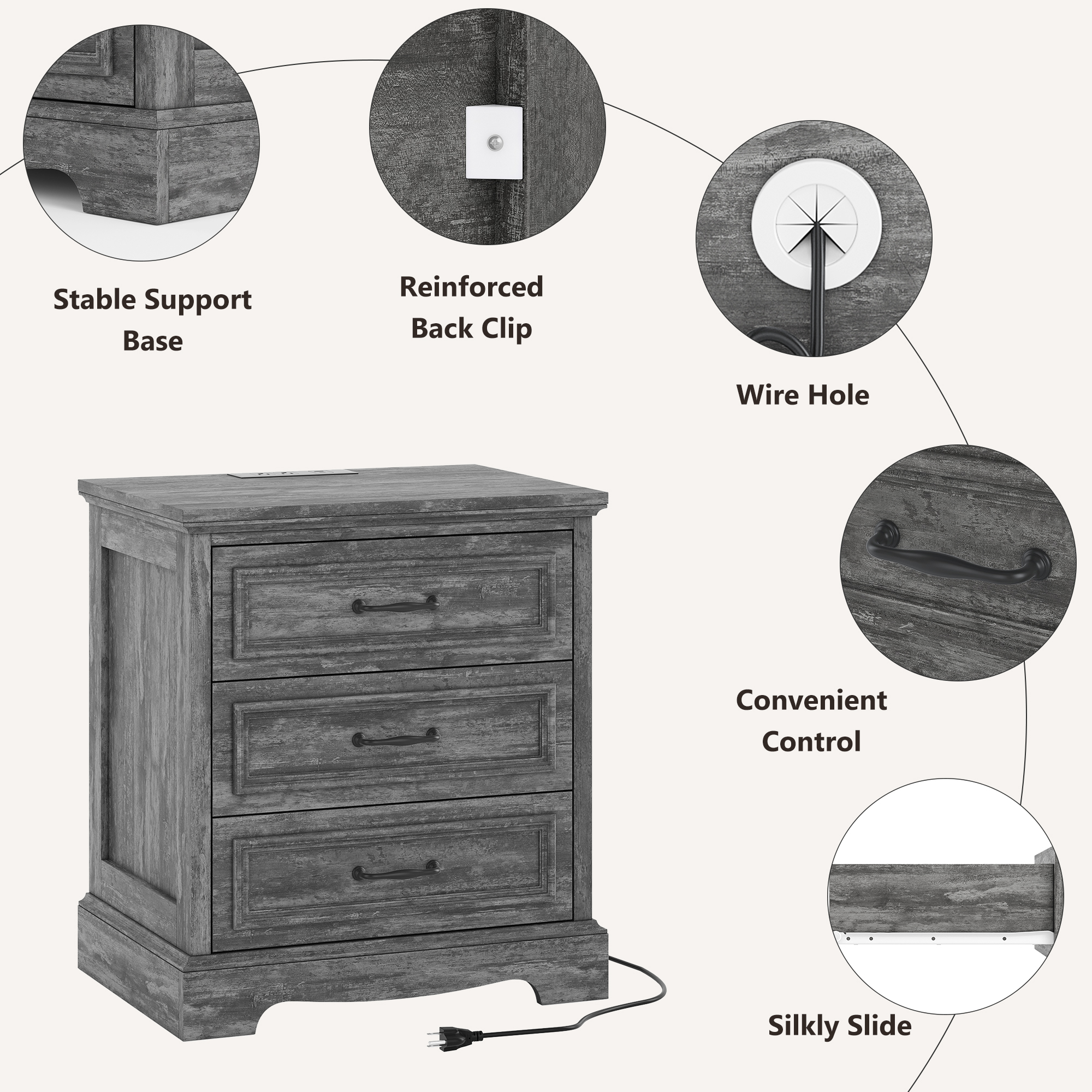 Farmhouse Nightstand with Charging Station, 3 Drawers Bedside Table for Bedroom for Adults, Dark Gray