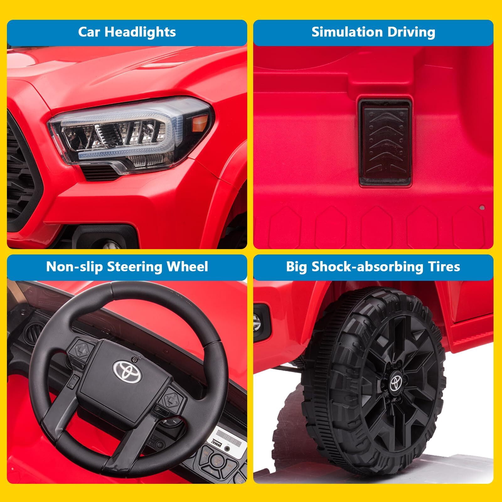 Sakiyr Licensed Toyota Tacoma 12V Kids Ride On Car, Kids Electric Vehicles with Parent Remote Control Spring Suspension Safety Belt, Soft Start, Led Headlight, Age for 37-72 Months