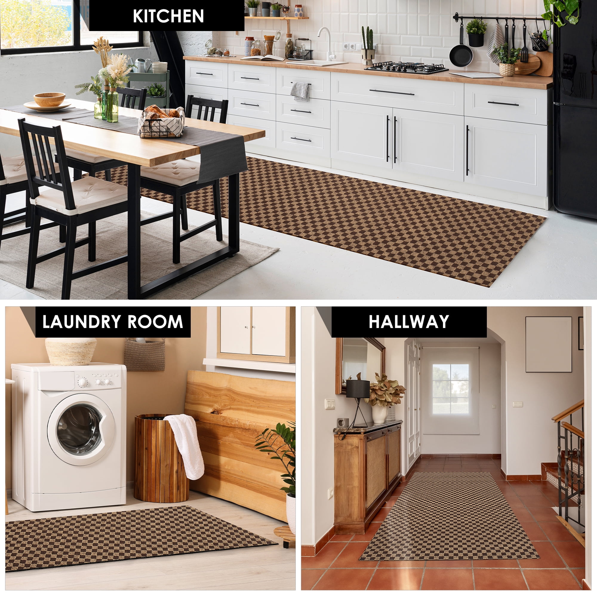 Koloko Runner Rugs Outdoor Indoor Non-Slip Area Rug Long Carpet Runners with Rubber Backing Mat Custom Size for Hallway Kitchen Entryway Garage, Brown Checkred, 4' x 8'