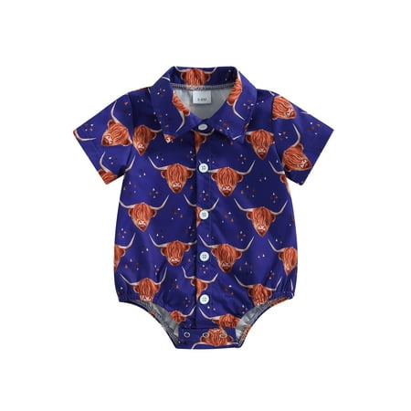 

Wassery Baby Boys Romper Tops Western Style Cow Print Short Sleeve Lapel Jumpsuits Infant Summer Casual Bodysuits 3-18M