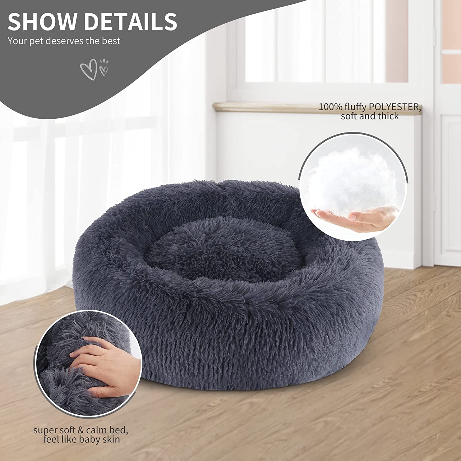 28 Inch Round Plush Pet Bed for Dogs & Cats, Fluffy Soft Warm Calming Dog Bed Cozy Faux Fur Dog Bed Sleeping Kennel Nest, Dark Grey - image 2 of 9