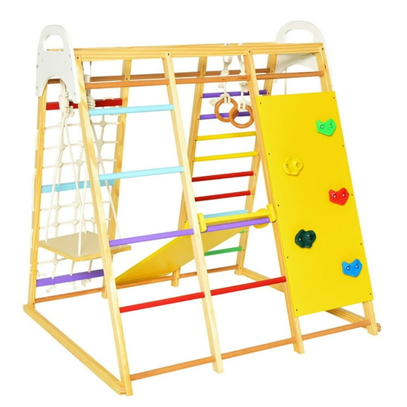 Barara King Toddler Slide, Indoor Kids Slide Playset 8-in-1 Wooden Jungle Gym Playset with Slide and Monkey Bars-Multicolor