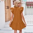 thumbnail image 3 of Lu's Chic Women's Short Sleeve Dresses Summer Sundress Short Ruched Cute Fall A Line Holiday Ruffle Swing Dress Brown Small, 3 of 4