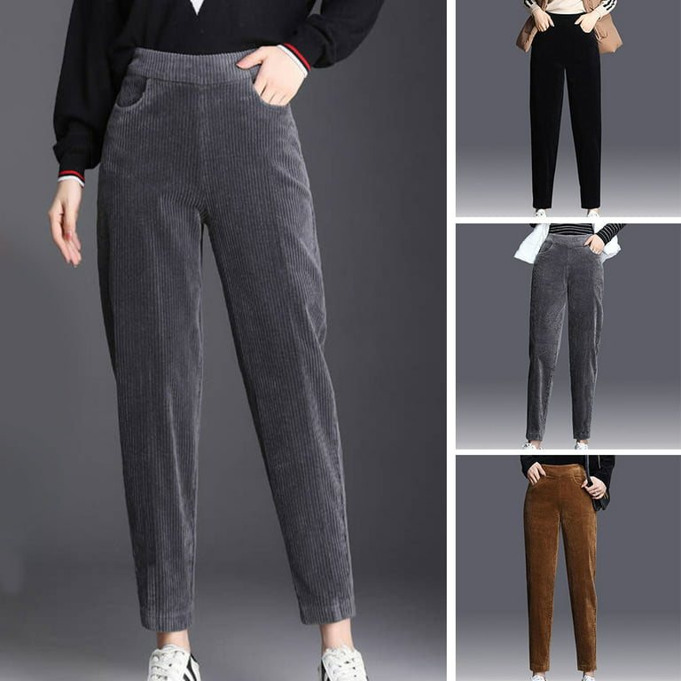 Women's High Rise Tapered Pants Elastic Waist Corduroy Trousers with Pocket  for Winter Fall Solid Color Clothing for Lady Plush Lined Straight Leg XL