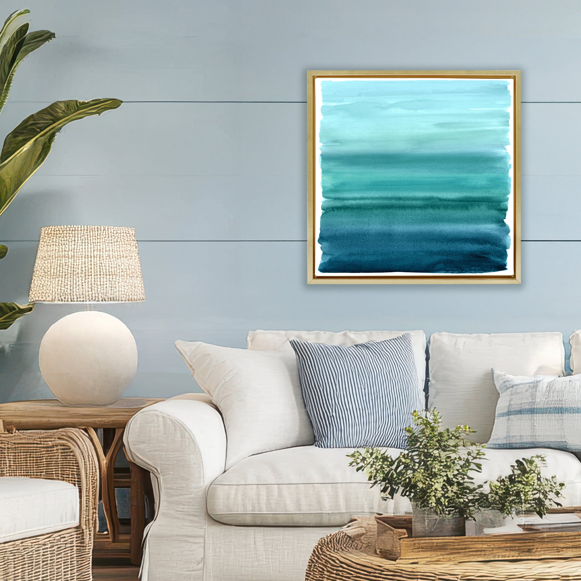 Stupell Industries Aqua Ombre Gradient Gold Framed Floater Canvas Wall Art, design by Allie Corbin