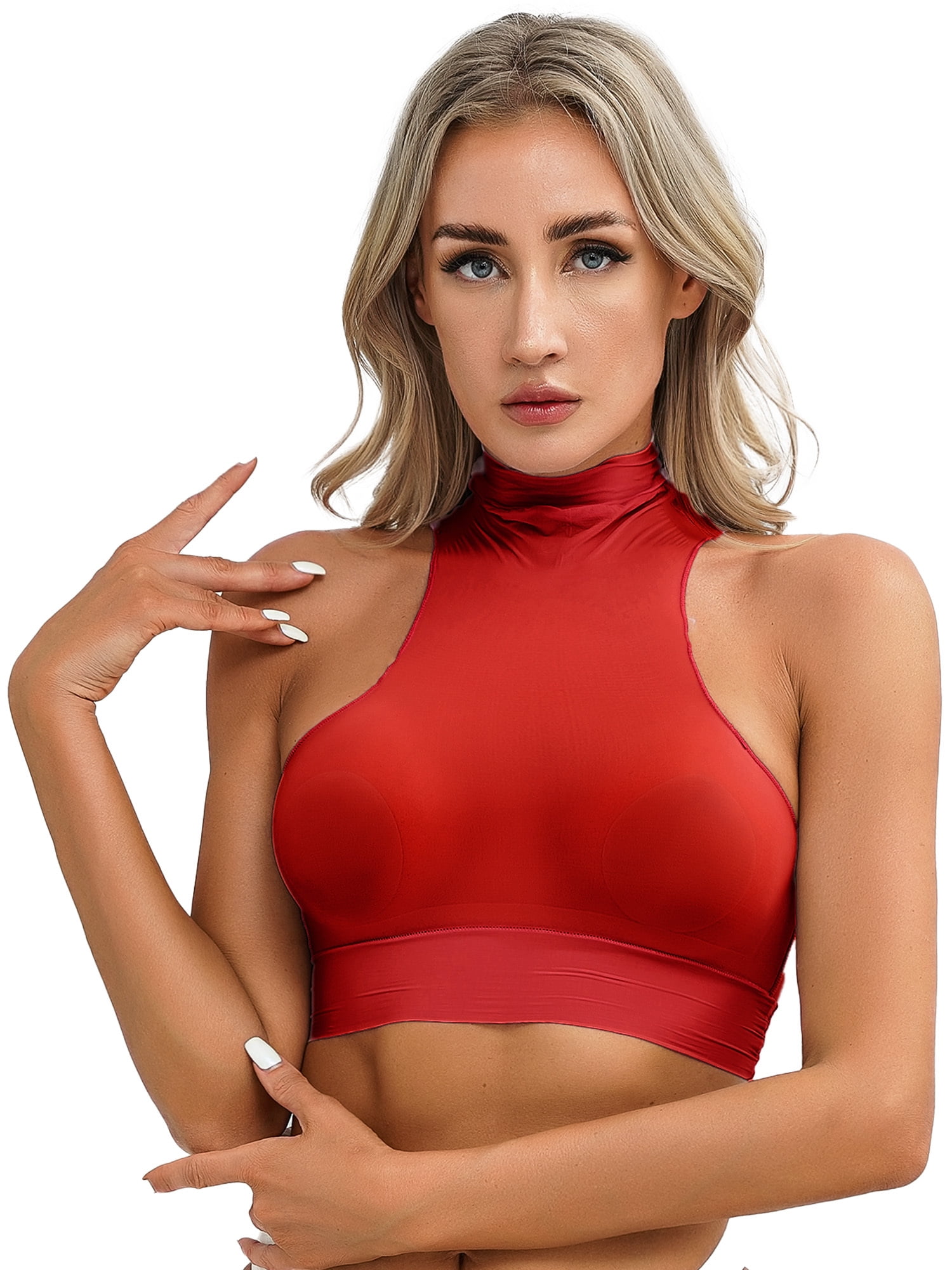 ☆NERDY☆ Women's Glossy Crop Track Top Red Haitryli Women's See Through Mesh Crop Tank Top Slim Fitted