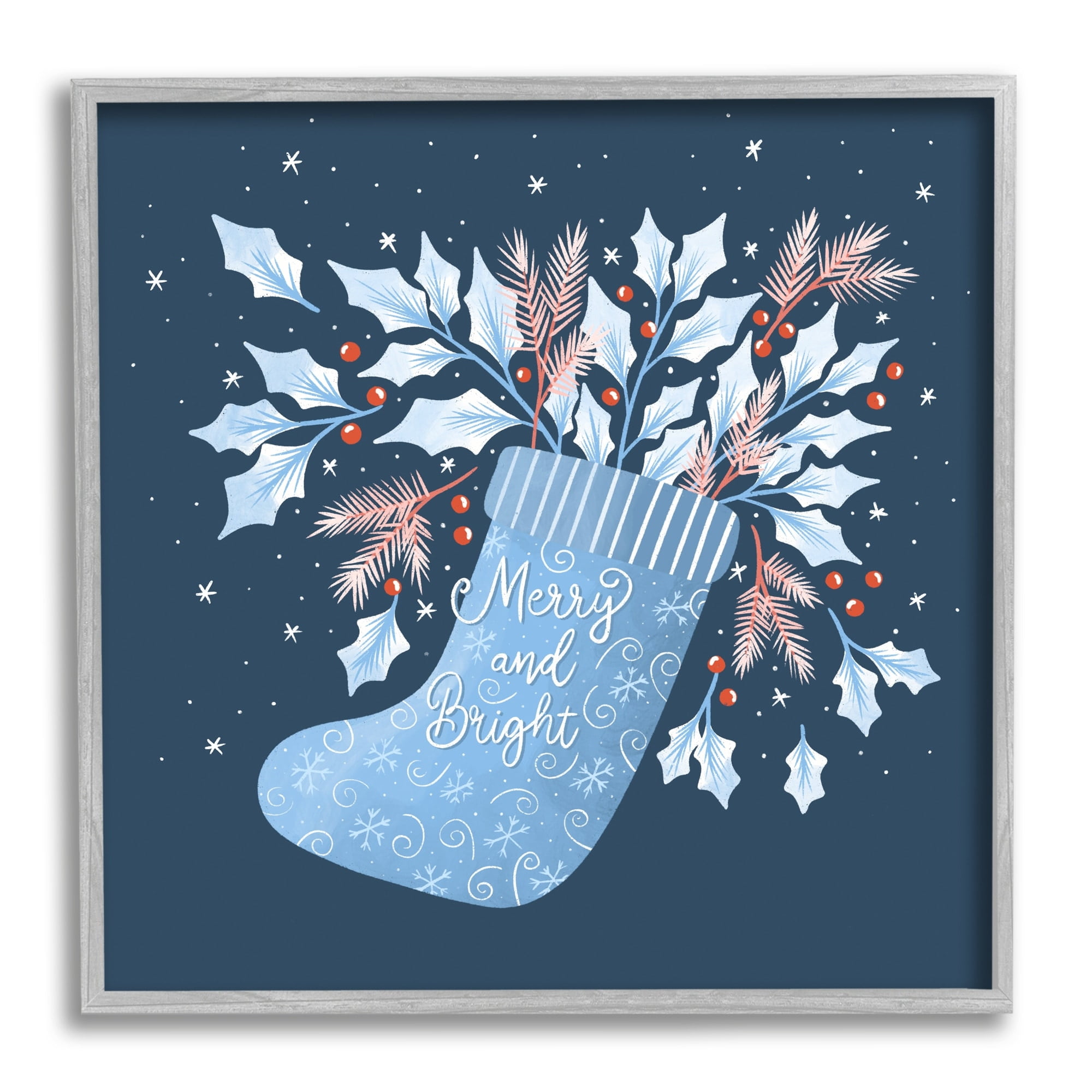 Stupell Industries Merry & Bright Seasonal Holly Berry Sprigs Stocking Graphic Art Gray Framed Art Print Wall Art, Design by Dominika Godette