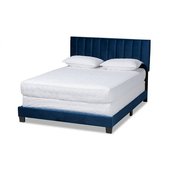 Baxton Studio Clare Full Size Navy Blue Velvet Panel Bed with Tufted Headboard