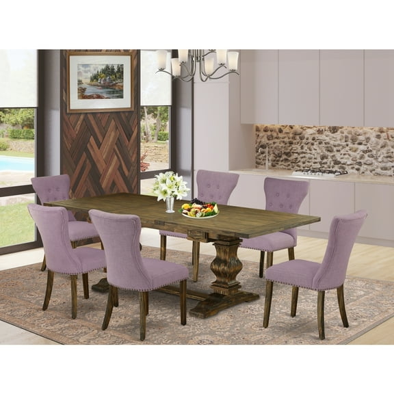 7-Piece Kitchen Dining Set - Rectangle TableUpholstered Chairs - Distressed Jacobean Finish