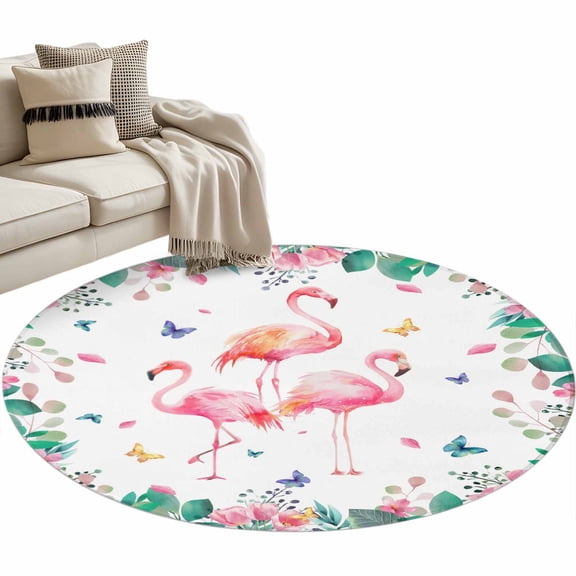 Pink Flamingo Round Area Rugs Collection 3.3', Tropical Botanical Summer Butterfly Flower Non Slip Indoor Circular Throw Runner Rug Floor Mat Carpet for Living Room Dining Table Bedroom Nursery