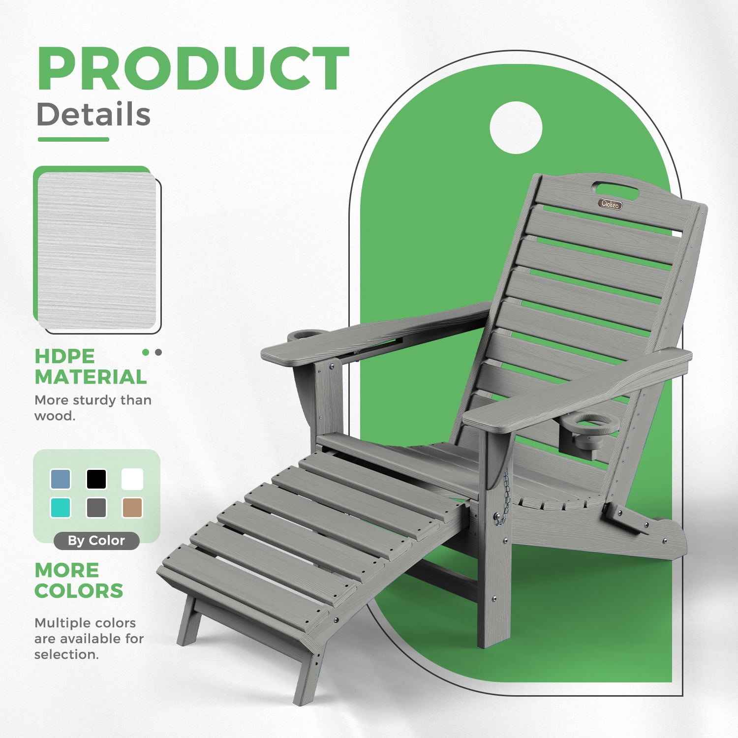 Ciokea Folding Adirondack Chair with Ottoman HDPE Pool Chair Pull Out Footrest with 2 Cup Holders Patio Garden Grey