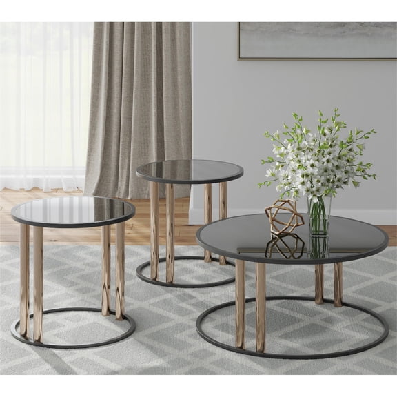 Signature Design by Ashley Hannerly Occasional Table Set, Coffee Table and 2 End Tables, Black Glass with Goldtone Metal